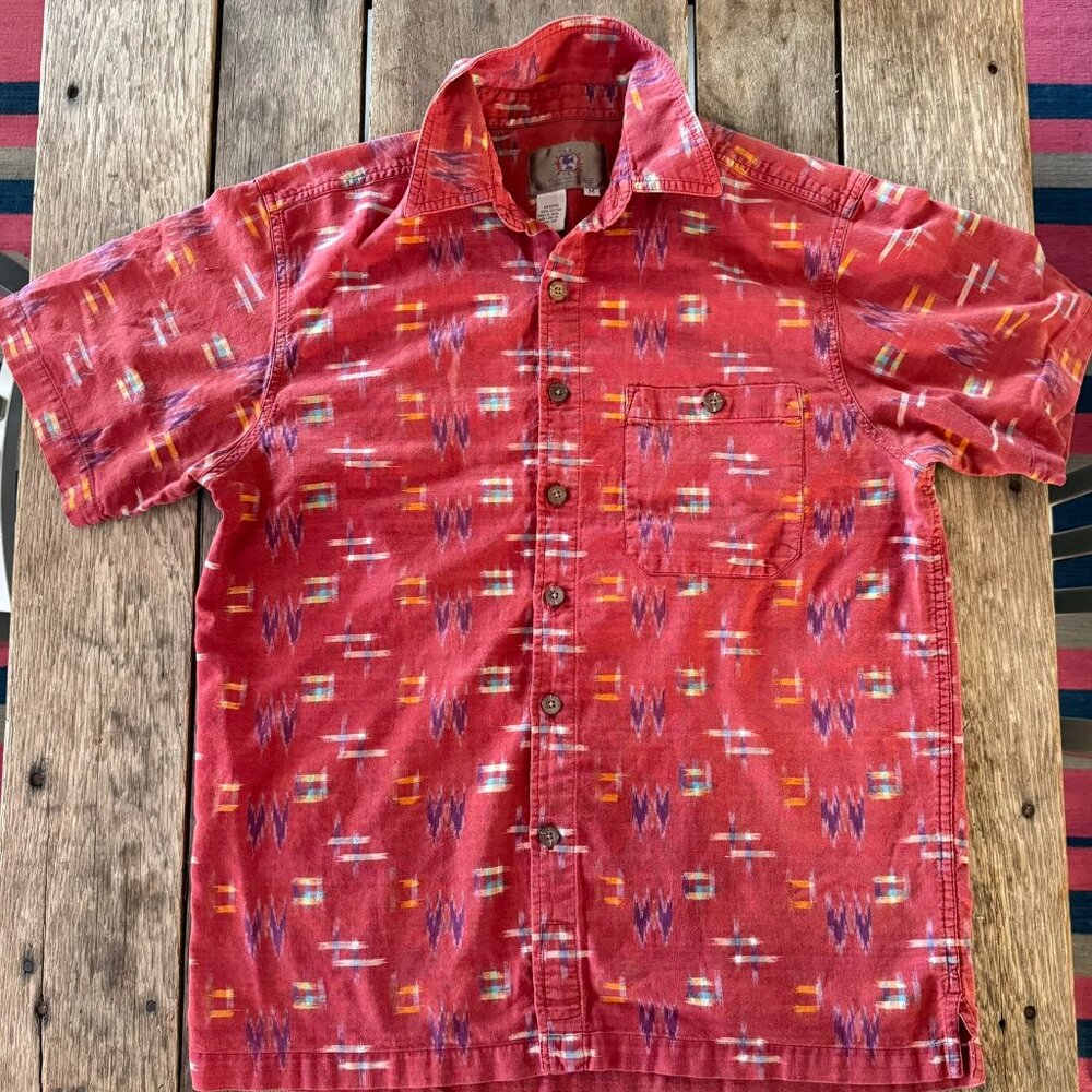 Men's Hipster Red Shirt ikat/Aztec Pattern Button up Short Sleeve